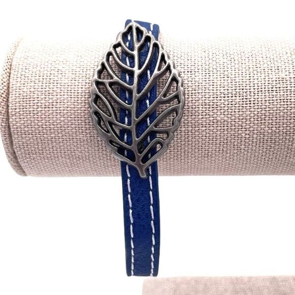 Blue Faux Leather and Silver Boho Leaf Adjustable Snap Closure Bracelet - Picture 7 of 7